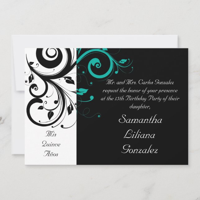 Invitaciones a Quinceañera de Black White Aqua Swi (Anverso)