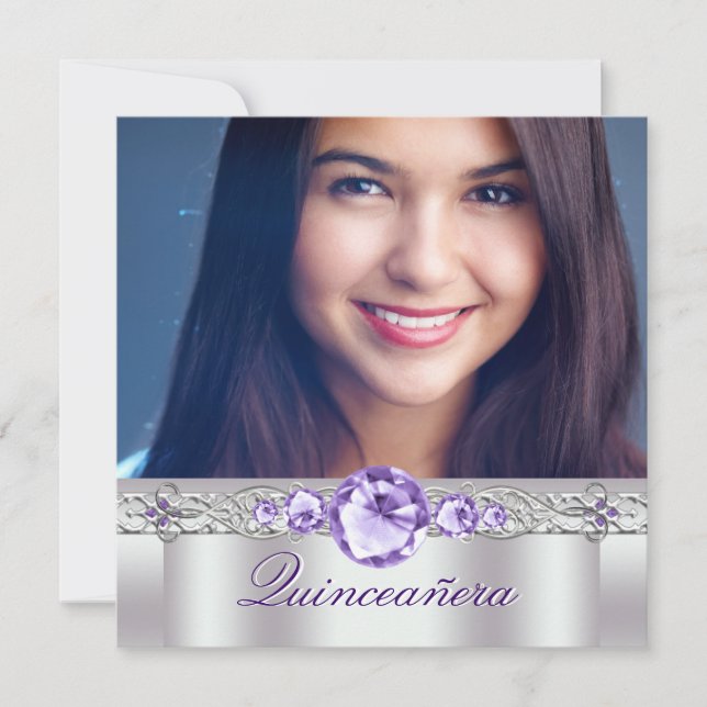 Invitaciones a Quinceanera de foto en morado blanc (Anverso)