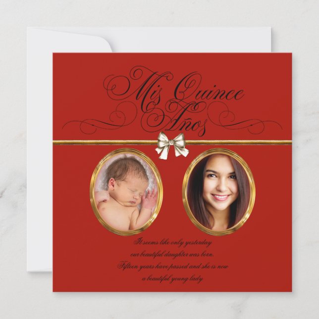 Invitaciones a Quinceanera de la foto roja dorada (Anverso)