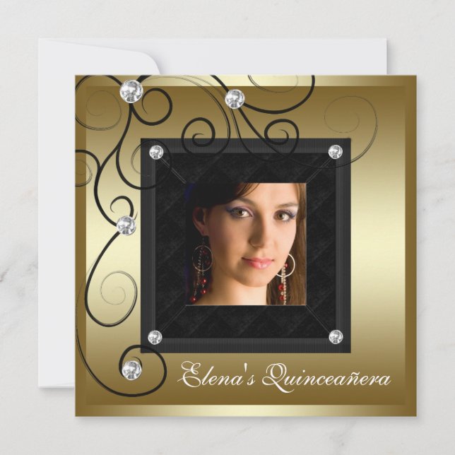 Invitaciones a Quinceanera de Pearls Black Gold (Anverso)
