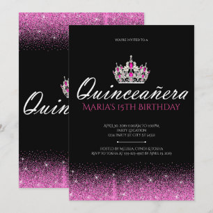 Invitaciones a Quinceanera Purpurina rosa y negro