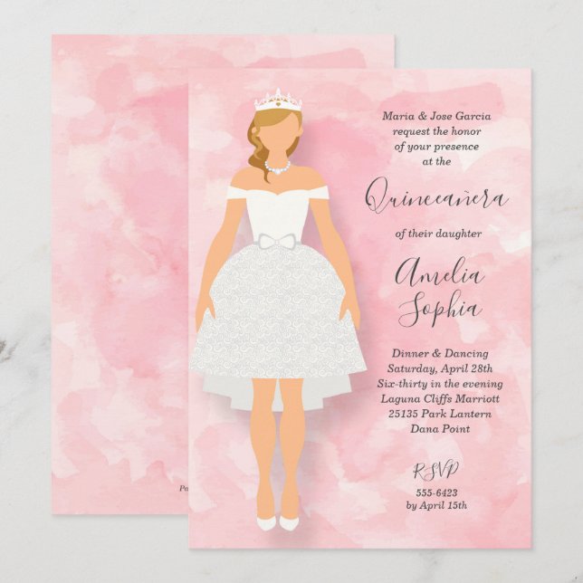 Invitaciones a Quinceanera rosa con vestido blanco (Anverso / Reverso)