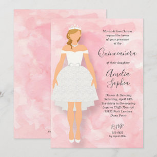 Invitaciones a Quinceanera rosa con vestido blanco