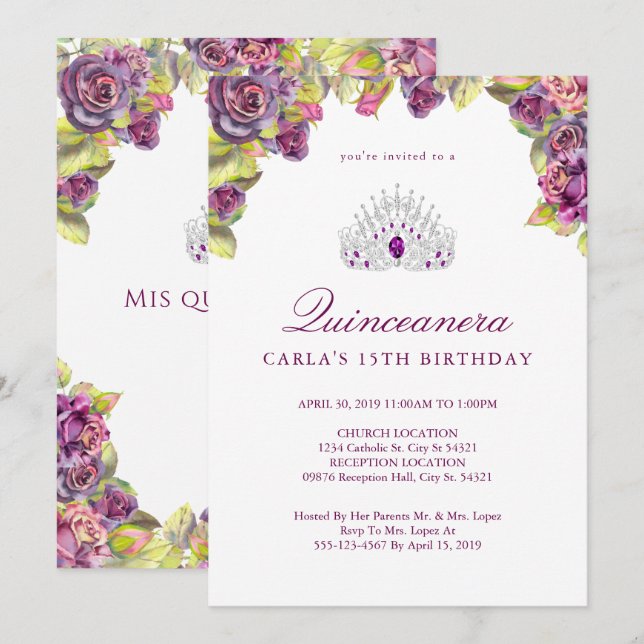 Invitaciones a Quinceanera Rosa púrpura de Bonito (Anverso / Reverso)
