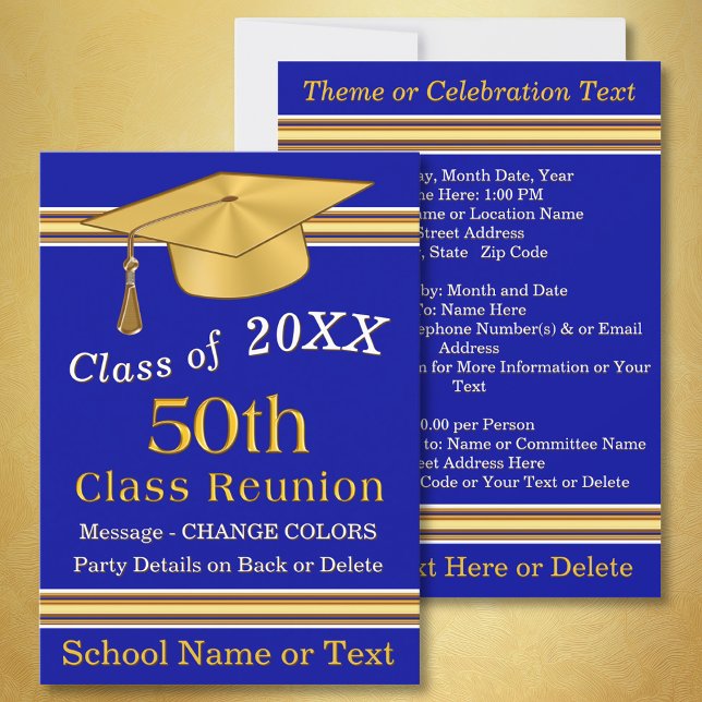 Invitaciones a Reunión de Clase 50 Blue y Gold (Customizable, 50th Class Reunion Invitations. Blue and Gold, 50 year class reunion invitations. )