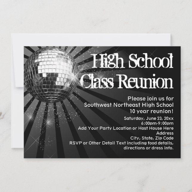 Invitaciones a Reunión de Clase Black Disco Ball (Anverso)