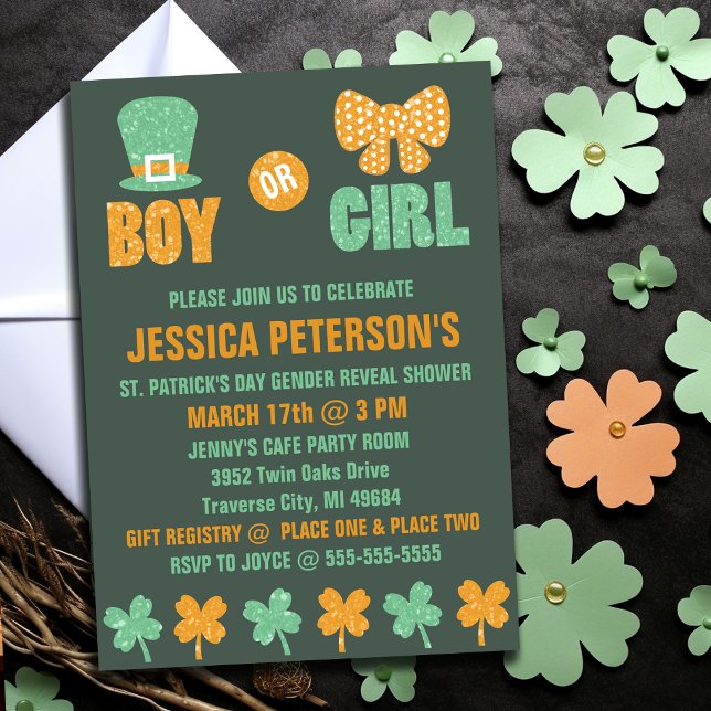 Invitaciones a revelar género en el Día de San Pat (Saint Patrick's Day Gender Reveal Invitations
)