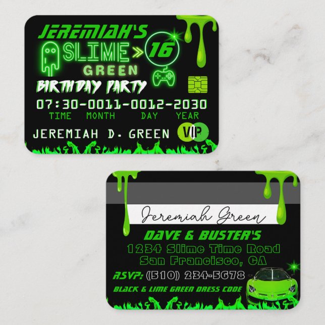 Invitaciones a tarjeta de crédito Slime Green VIP  (Anverso / Reverso)