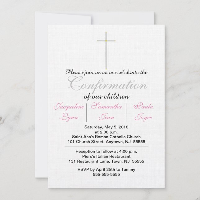 Invitaciones a trillizos rosados de confirmación (Anverso)