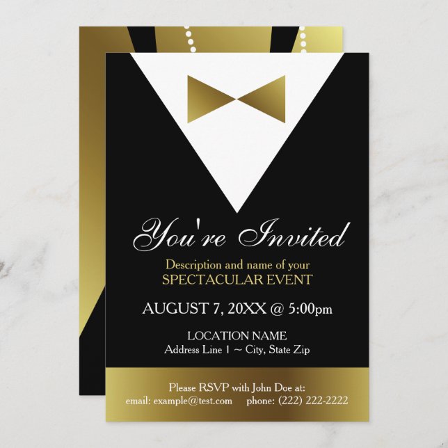 Invitaciones a Tuxedo Negro y Oro| Fiesta elegante (Anverso / Reverso)