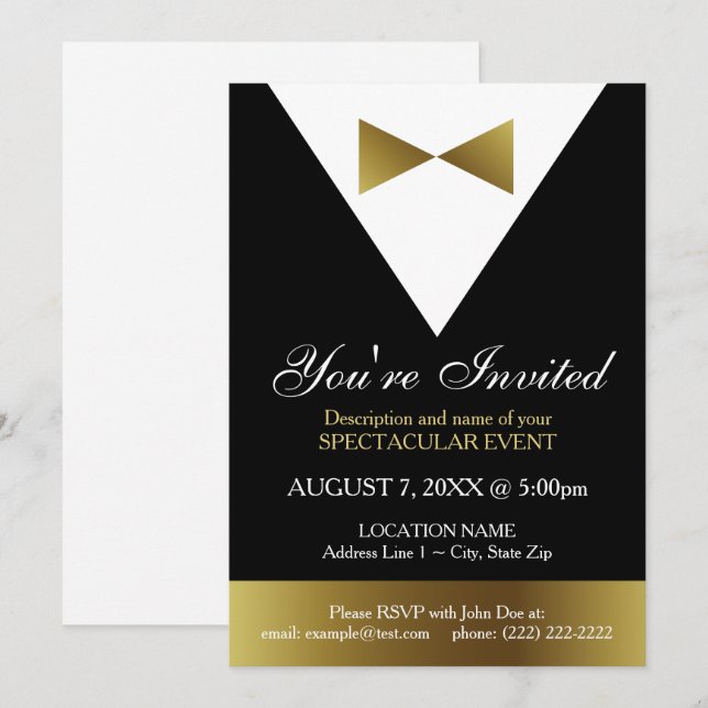 Invitaciones a Tuxedo Negro y Oro| Fiesta formal (Anverso / Reverso)