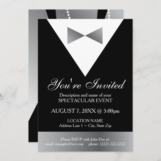 Invitaciones a Tuxedo negro y plateado| Formal mod (Anverso / Reverso)