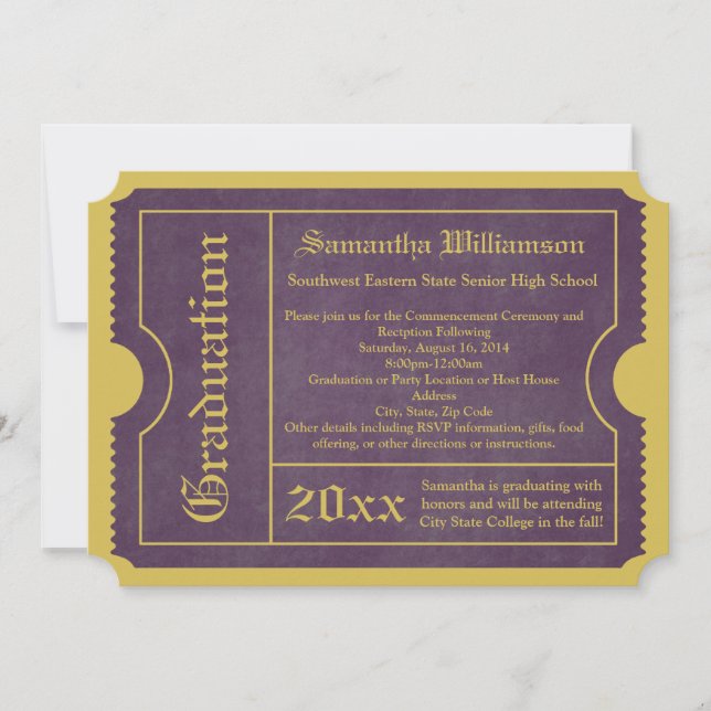 Invitaciones a un vale de graduación morado y dora (Anverso)