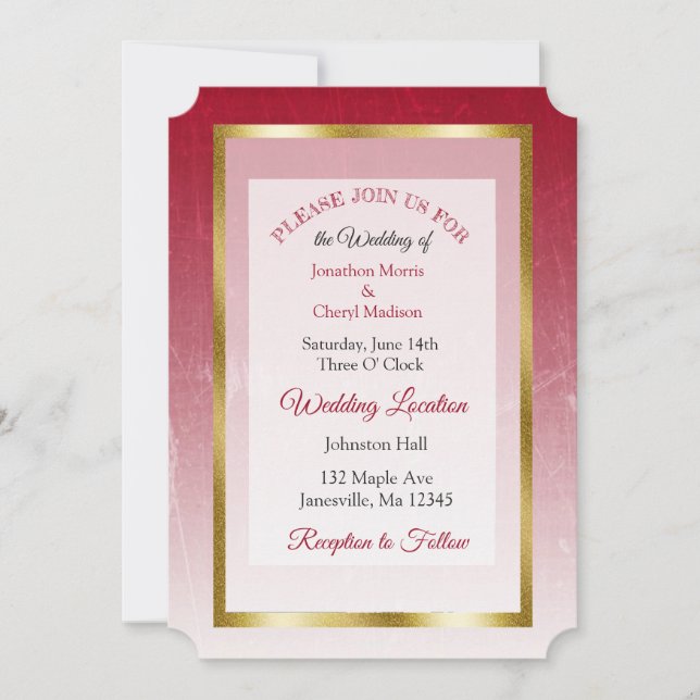 Invitaciones a una boda con temática roja y de oro (Anverso)