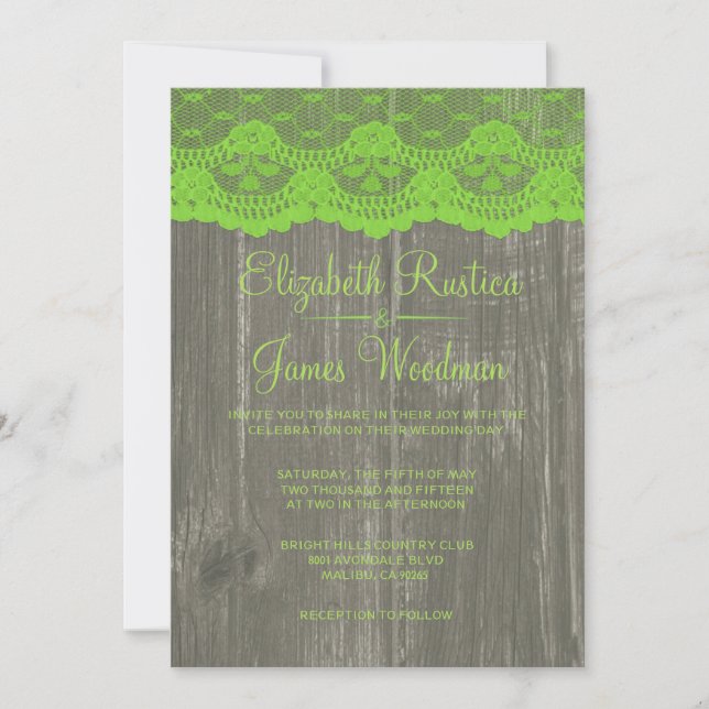 Invitaciones a una boda de encaje y madera rústica (Anverso)