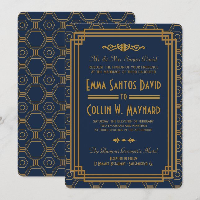 Invitaciones a una boda de estilo Art Deco Azul (Anverso / Reverso)