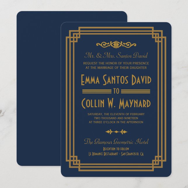 Invitaciones a una boda de estilo Art Deco Azul si (Anverso / Reverso)