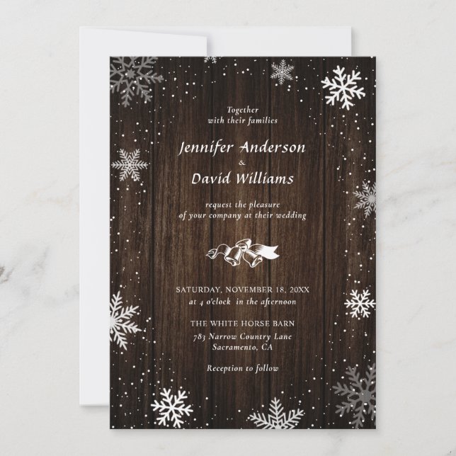Invitaciones a una boda de invierno con copos de n (Anverso)