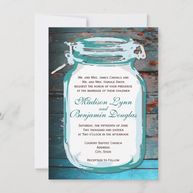 Invitaciones a una boda de Madera Rustica verde az (Anverso)