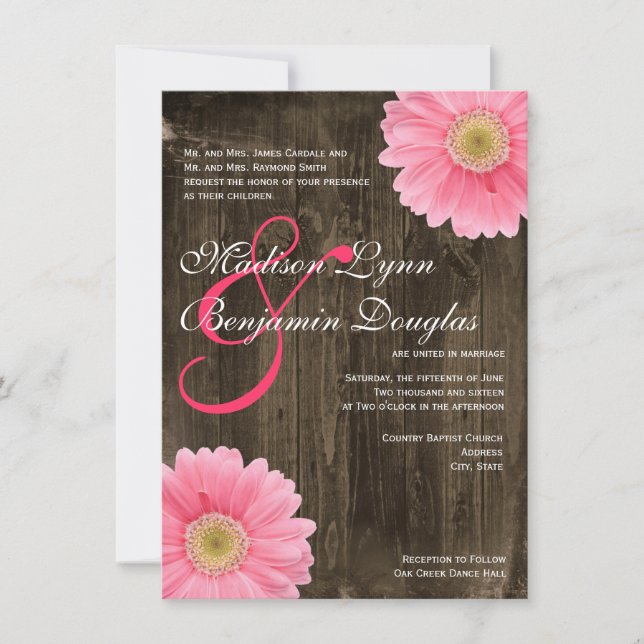 Invitaciones a una boda de marea rosada de madera  (Anverso)