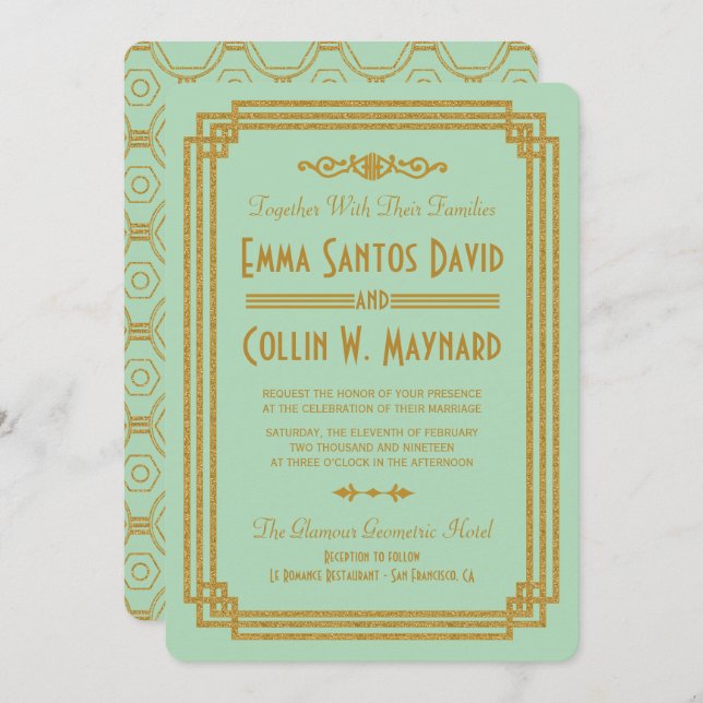 Invitaciones a una boda de menta en Art Deco simpl (Anverso / Reverso)