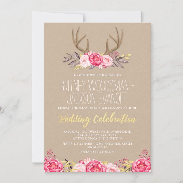 Invitaciones a una boda de Peony y Antler Rústico (Anverso)