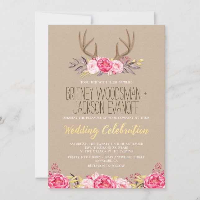 Invitaciones a una boda de Peony y Antler Rústico (Anverso)