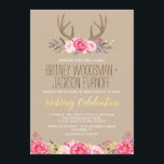 Invitaciones a una boda de Peony y Antler Rústico<br><div class="desc">Rustic Peony y Deer Antler Wedding Invitation - presenta un fondo impreso de papel kraft de campo con corbatas de ciervos, peonías rosadas y hojas impresas falsas de Relieve metalizado de oro y letras a juego. Las invitaciones a bodas de ciervo antler se pueden personalizar completamente usando el botón "personalizar...</div>