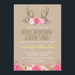 Invitaciones a una boda de Peony y Antler Rústico<br><div class="desc">Rustic Peony y Deer Antler Wedding Invitation - presenta un fondo impreso de papel kraft de campo con corbatas de ciervos, peonías rosadas y hojas impresas falsas de Relieve metalizado de oro y letras a juego. Las invitaciones a bodas de ciervo antler se pueden personalizar completamente usando el botón "personalizar...</div>