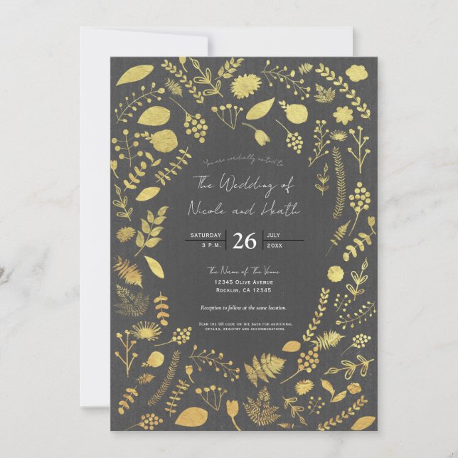 Invitaciones a una boda floral de oro y gris de ca (Anverso)
