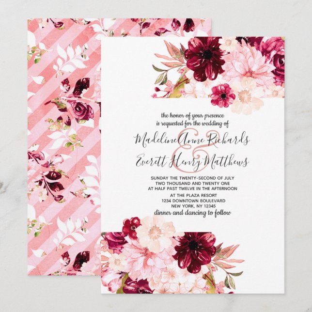 Invitaciones a una boda floral en Borgoña y Rubor (Anverso / Reverso)