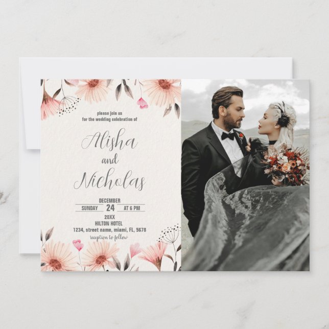 Invitaciones a una boda floral naranja con foto (Anverso)