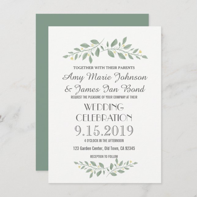 Invitaciones a una boda floral verde (Anverso / Reverso)