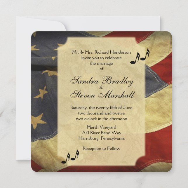Invitaciones a una boda musical con bandera estado (Anverso)