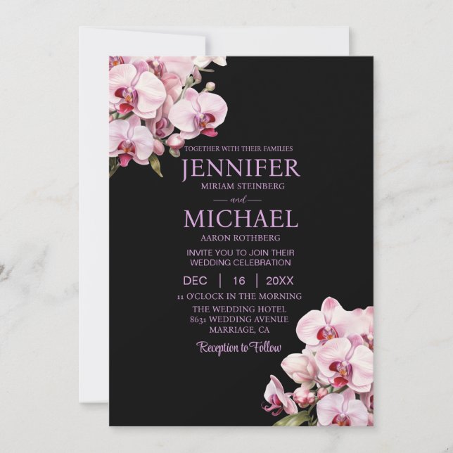 Invitaciones a una boda negra con orquídeas rosas (Anverso)