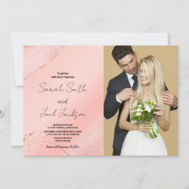 Invitaciones a una boda rosada purpurina con foto