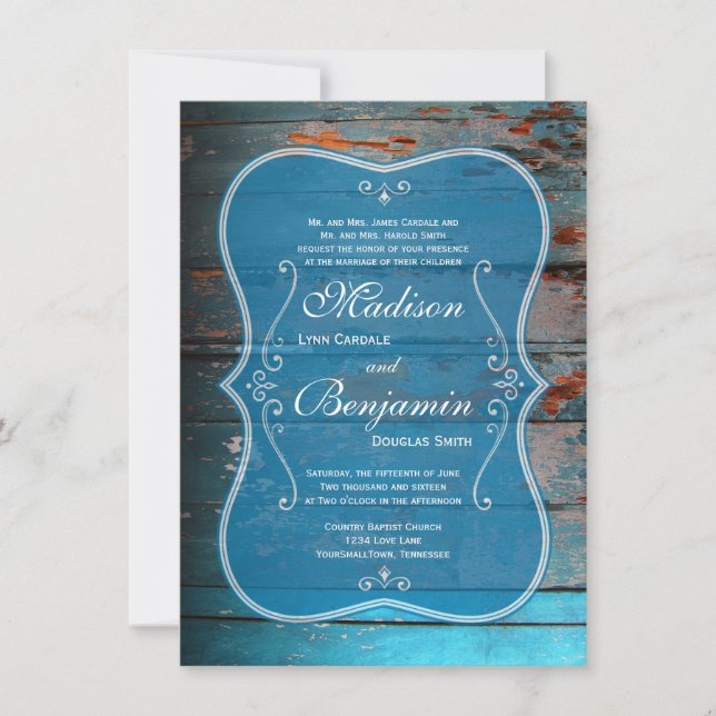 Invitaciones a una boda rústica de madera azul con (Anverso)