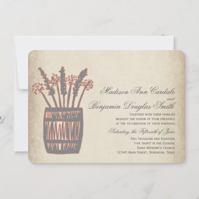 Invitaciones a una boda rústica de Whiskey Barrel  (Anverso)