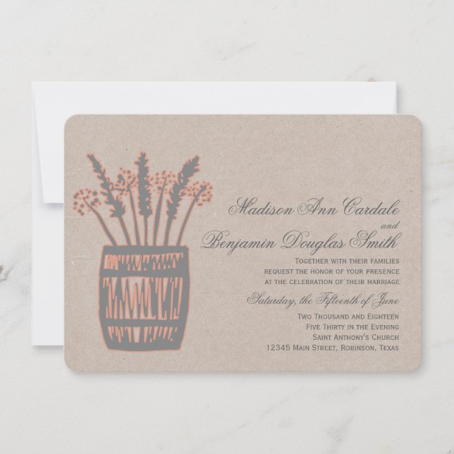 Invitaciones a una boda rústica de Whiskey Barrel  (Anverso)