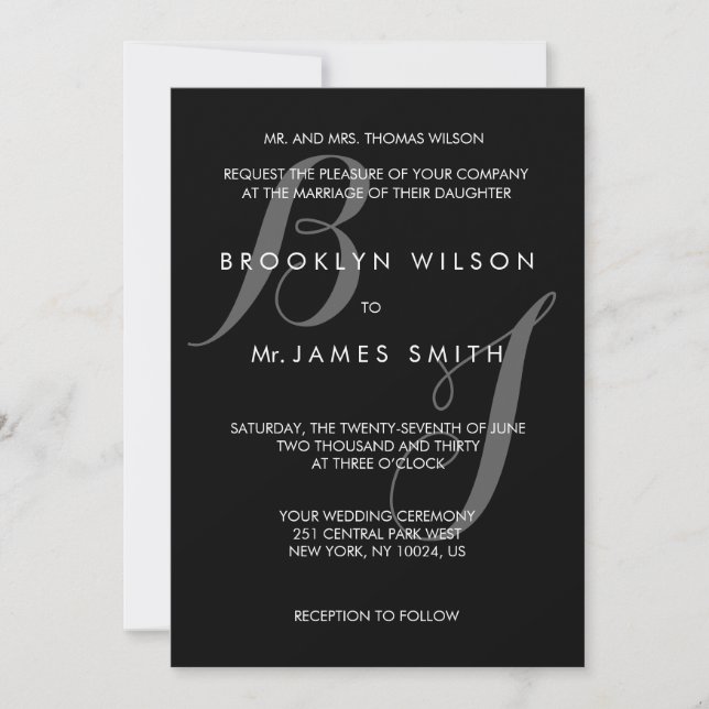 Invitaciones a una boda simple en blanco y negro (Anverso)