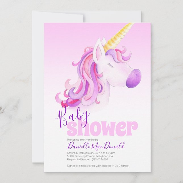Invitaciones a una ducha de bebé rosa de unicornio (Anverso)