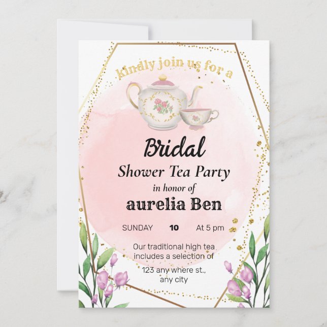 Invitaciones a una ducha de novia con té de alta c (Anverso)