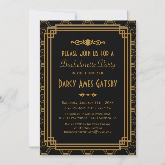 Invitaciones a una fiesta de Bachelorette Art Déco (Anverso)