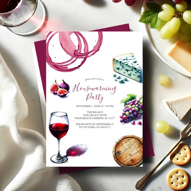 Invitaciones a una fiesta de calentamiento de la c (Housewarming party invitations watercolor wine and cheese charcuterie Victoria Grigaliunas)
