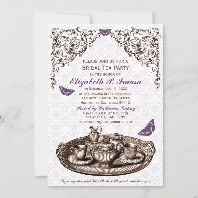 Invitaciones a una fiesta de té de novia en Purple (Anverso)