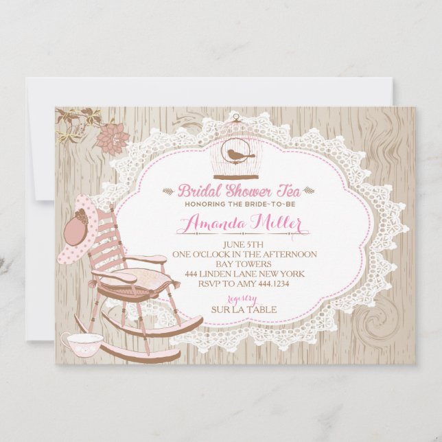Invitaciones a una fiesta de té de novias de mader (Anverso)