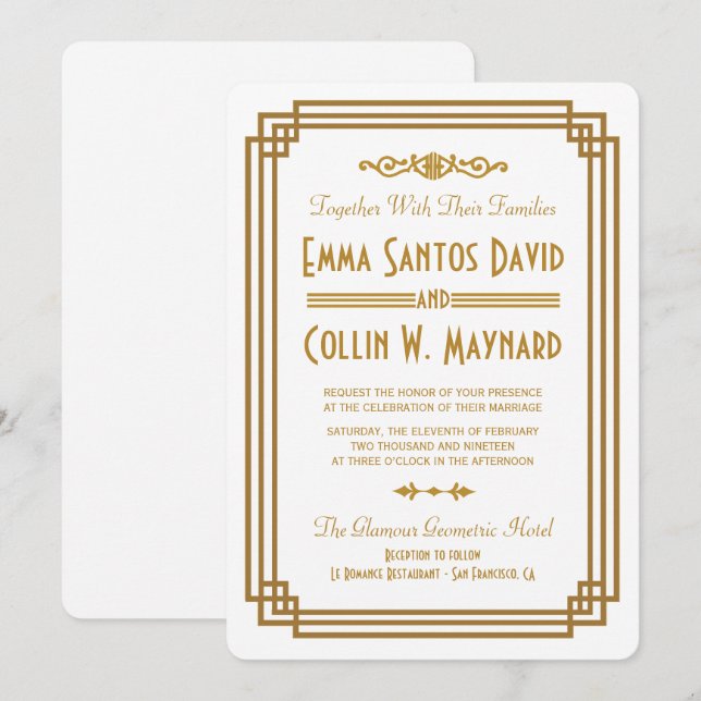 Invitaciones a una simple boda blanca en Art Deco (Anverso / Reverso)
