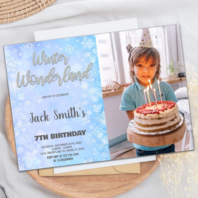 Invitaciones a Winter Wonderland Foto de Plata Azu (Winter Wonderland Invitations Blue Silver Photo)