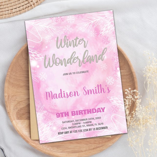 Invitaciones a Winter Wonderland Purpurina Plata R (Winter Wonderland Invitations Pink Silver Glitter)
