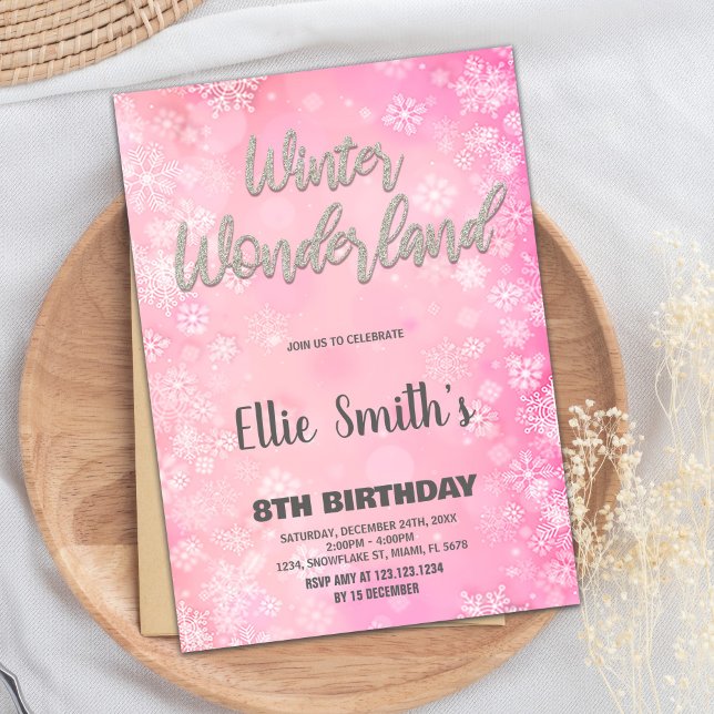 Invitaciones a Winter Wonderland Purpurina Plata R (Winter Wonderland Invitations Pink Silver Glitter)